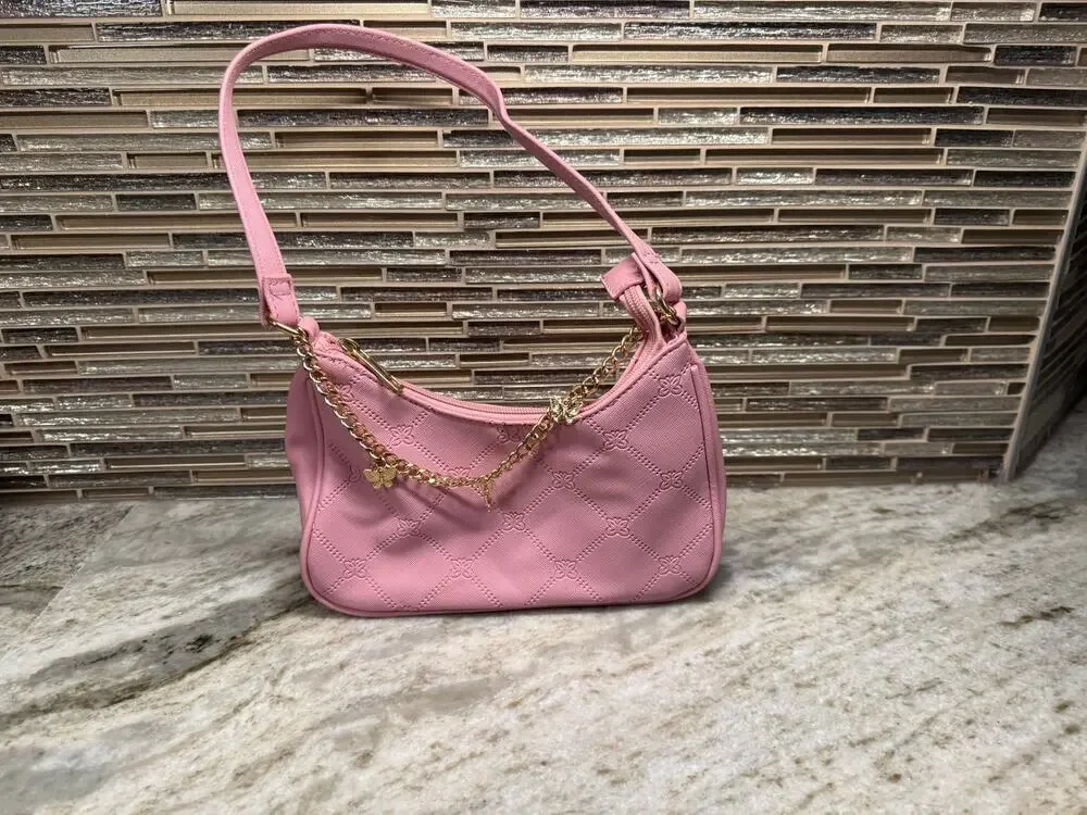 Pink Mini Shoulder Bag Gold Chain Baguette Purse
